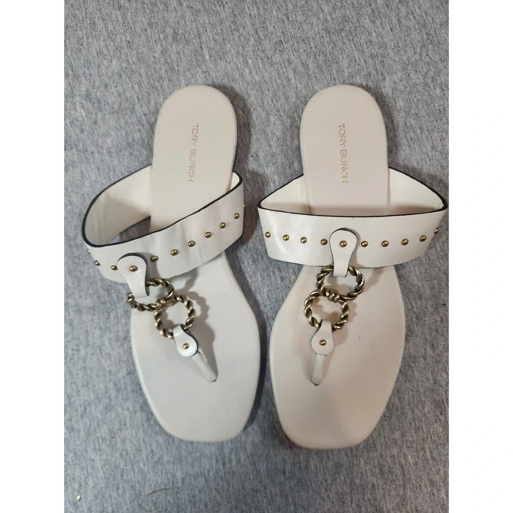 Tory Burch vtg White Leather Studded Chain Link Thong Sandals 7M 8913 B22
